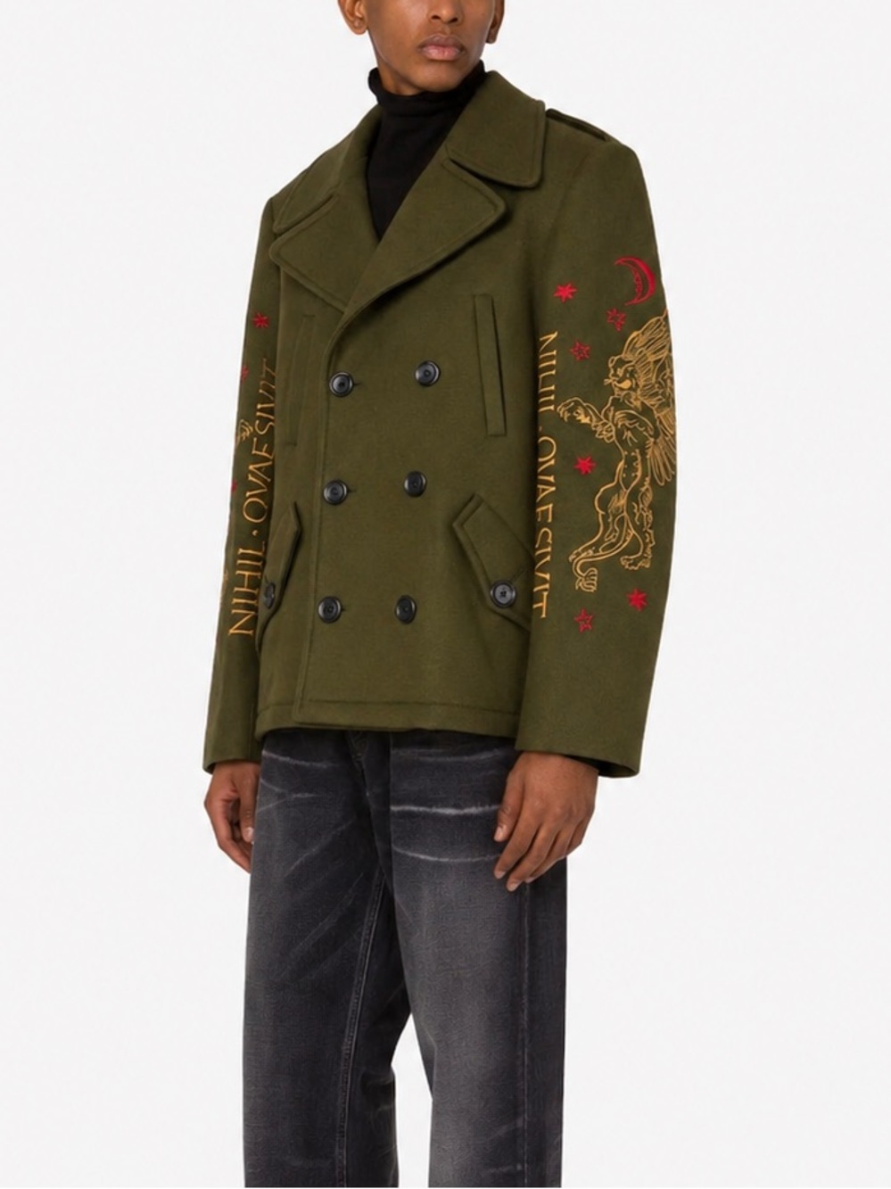 Moschino Wool Blend Roman Numeral Embriderwd Double Breasted Coat